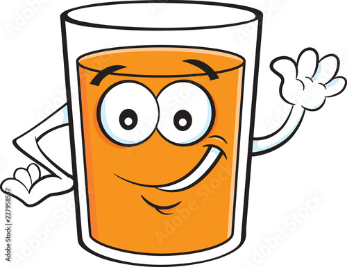 Cartoon illustration of a happy glass of orange juice waving.