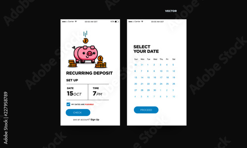 Recurring Deposit Money App for For Smart Phone with Cute Piggy Bank Card Illustration Gold Coins