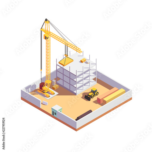 Isometric building construction concept. Construction site with heavy equipment. Realistic high quality elements.
