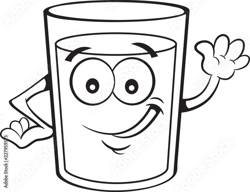 Black and white illustration of a happy glass of liquid waving.
