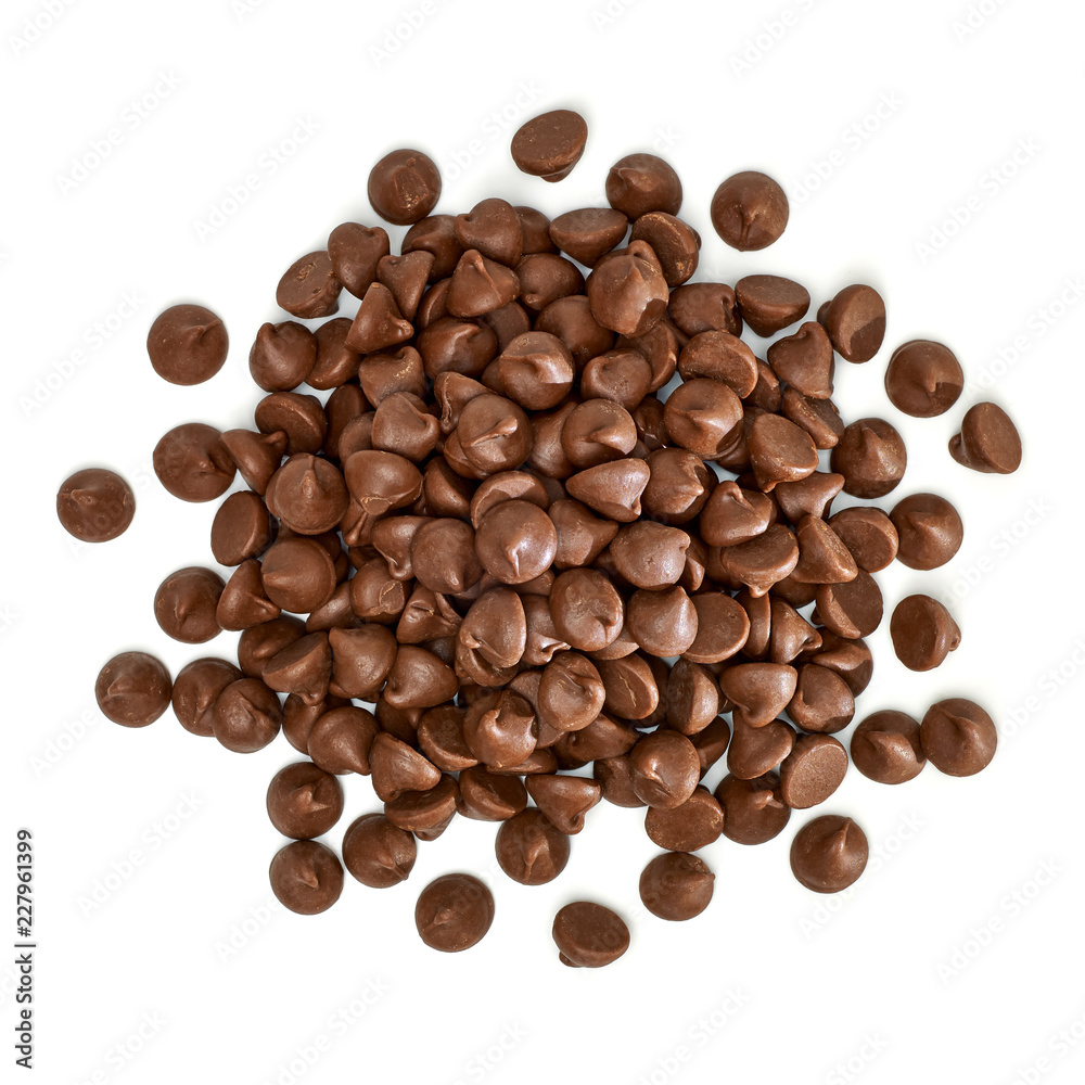 Chocolate chips morsels from top view isolated on white background Chocolate chips morsels from top view isolated on white background