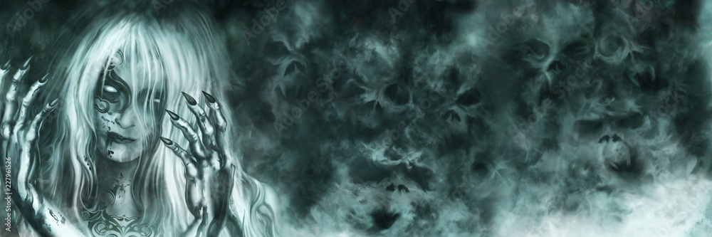 Naklejka premium Ancient Vampire Goddess banner/ Illustration mysterious woman with painted face and bloody hands. Mist like ghost skulls on the background