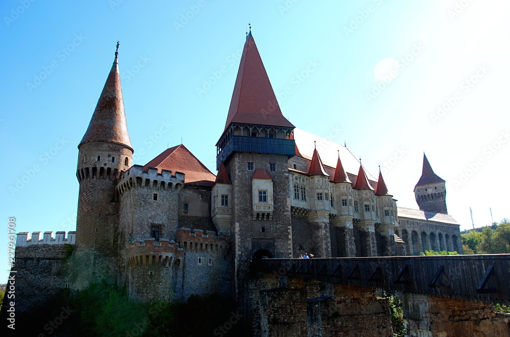 Front of Corvin Castle, medieval fortress in Hunedoara of Romania