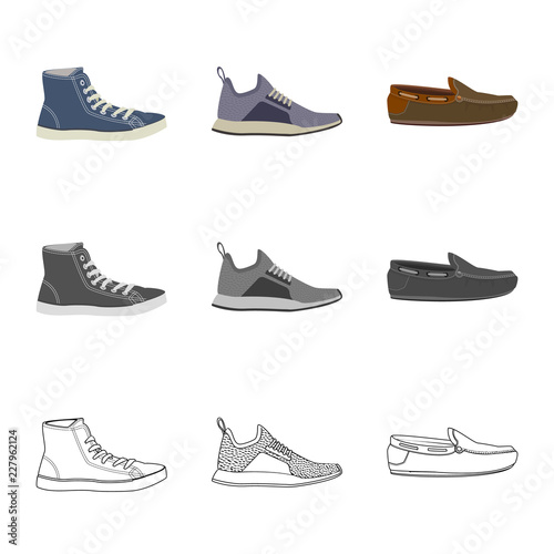 Vector illustration of shoe and footwear sign. Set of shoe and foot stock vector illustration.