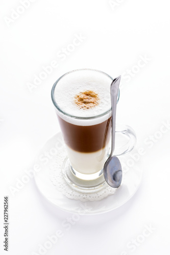 Coffee Latte in glass Irish mug isolated on white background