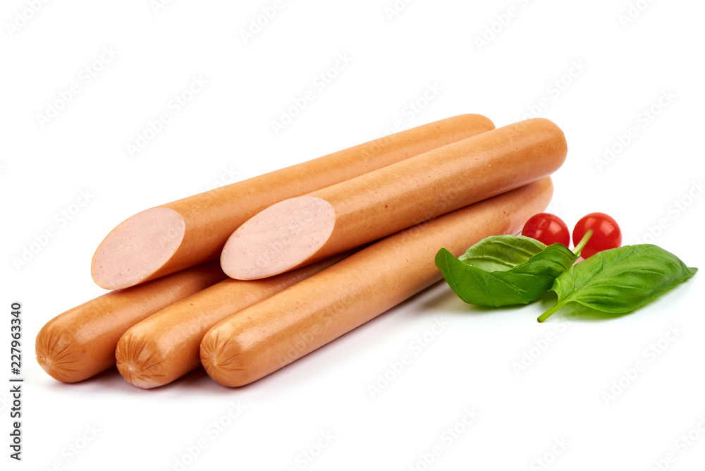 Sliced Viennese Boiled Sausages with basil leaves and Physalia berry, isolated on a white background. Sliced Viennese Boiled Sausages with basil leaves and Physalia berry, isolated on a white background.