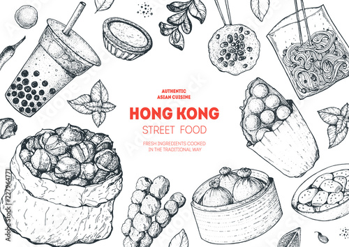 Hong kong street food frame. Chinese food menu design template. Vintage hand drawn sketch, vector illustration. Engraved style illustration. Asian street food sketch.