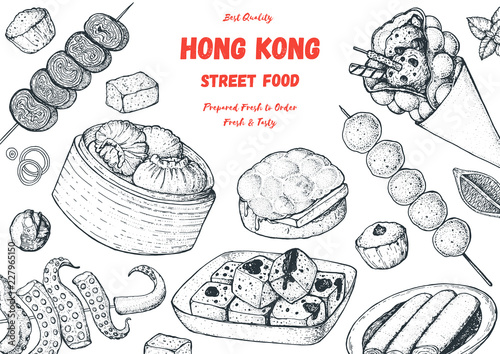 Hong kong street food frame. Chinese food menu design template. Vintage hand drawn sketch, vector illustration. Engraved style illustration. Asian street food sketch.