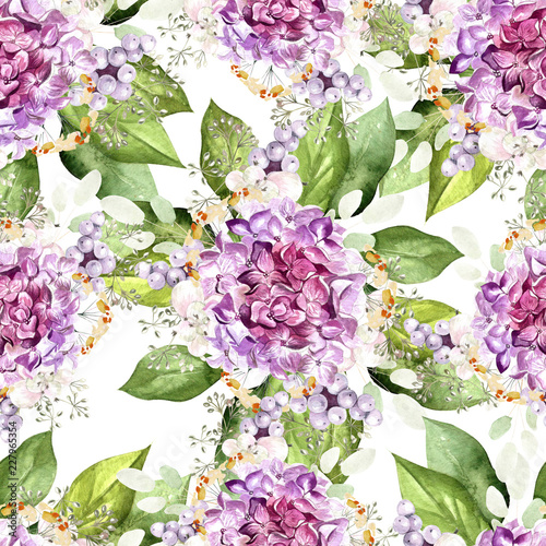 Colorful watercolor pattern with flowers hydrangea, plants and leaves.