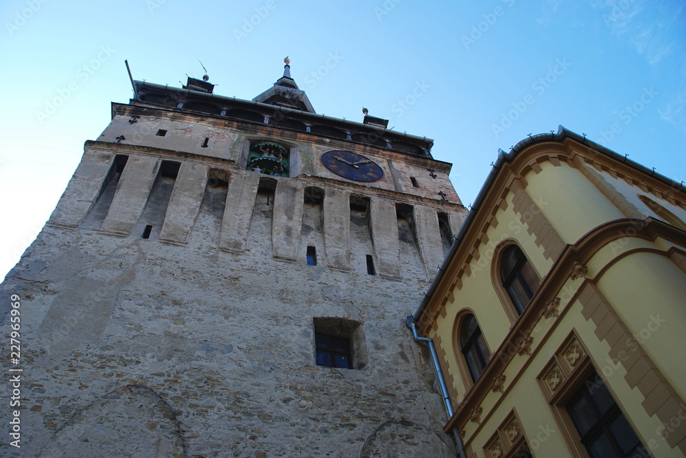 Bottom view of Sighisoara Clock Tower, Romania