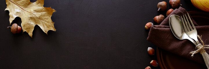 Banner 3:1 for Web. Tableware, walnuts, hazelnuts, chestnuts and acorns on dark wooden background. Thanksgiving day holiday concept. Top view. Flat lay. Copy space