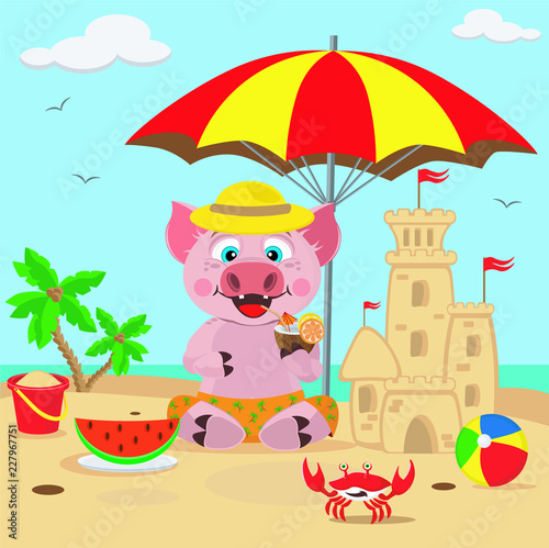Pig builds a sand castle on the beach, resting on the sea. Vector illustration on the theme of rest on the sea. Symbol of 2019.