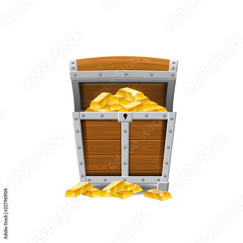 Wooden old pirate chests, full of treasures, gold coins, treasures, vector, cartoon style, illustration, isolated. For games, advertising applications