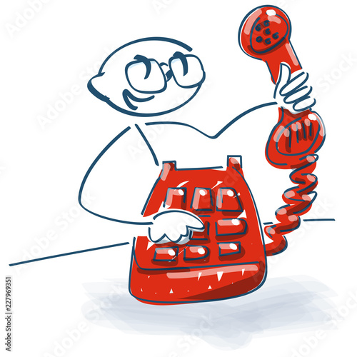 Strichmännchen mit einem alten Telefon mit Hörer in der Hand