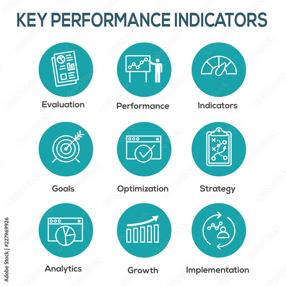 KPI - Key Performance Indicators Icon set with Evaluation, Growth, Strategy, etc KPI - Key Performance Indicators Icon set with Evaluation, Growth, Strategy, etc