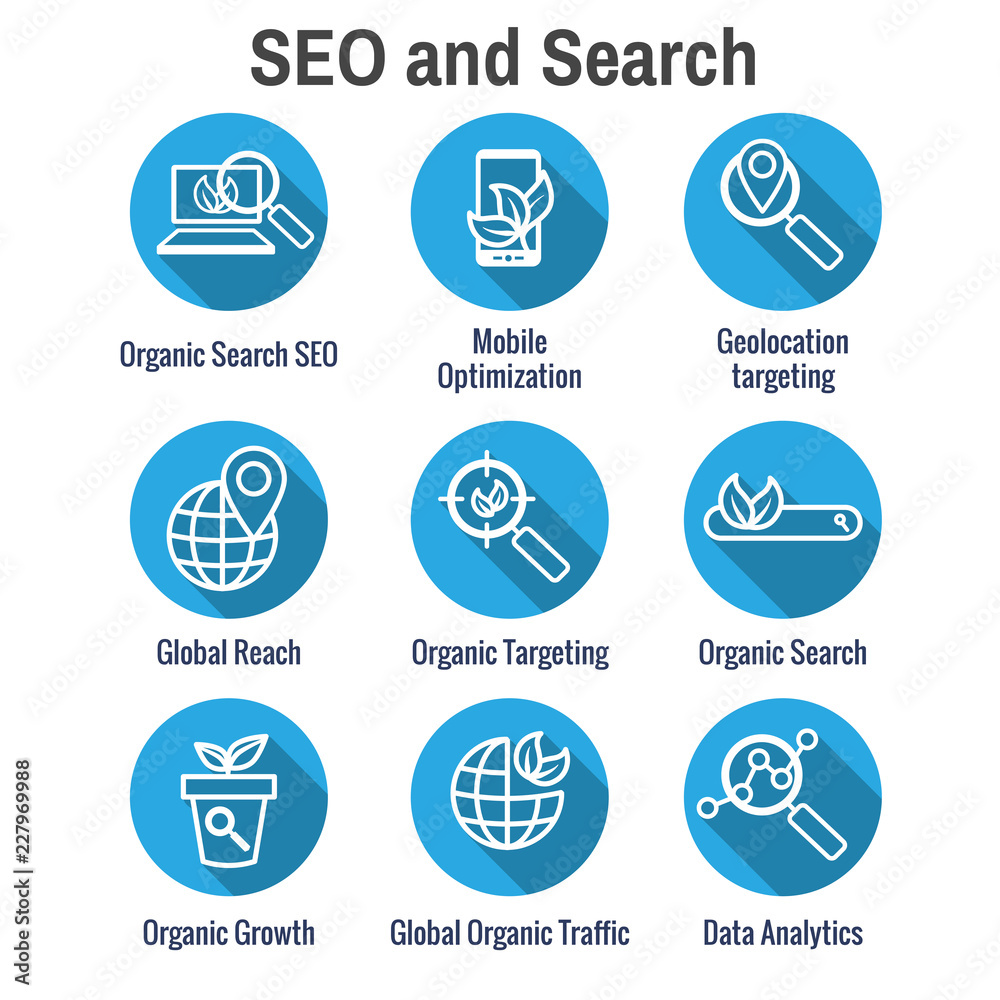 Search and SEO Web Header Hero Image Banner with organic growth, search, and locality ideas icon set