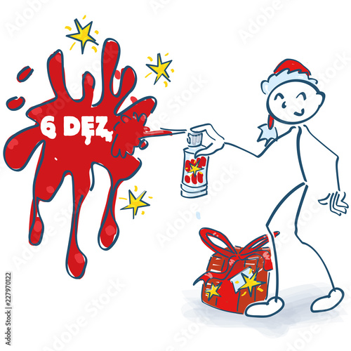 Strichmännchen als Nikolaus sprüht den 6 Dezember mit Sprühdose 