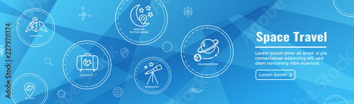Space Travel or Tourism Web Header Banner with spaceship, telescope, and planets