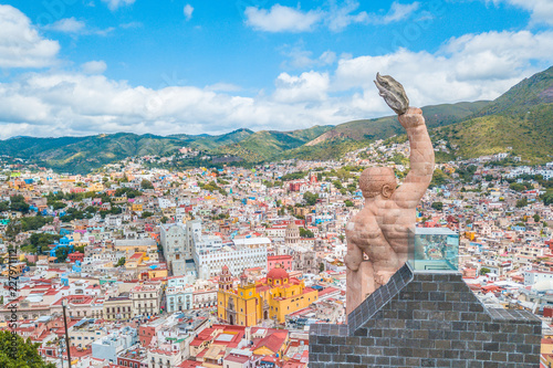 Beautiful aerial view of the Pipila monument in Guanajuato city, Mexico