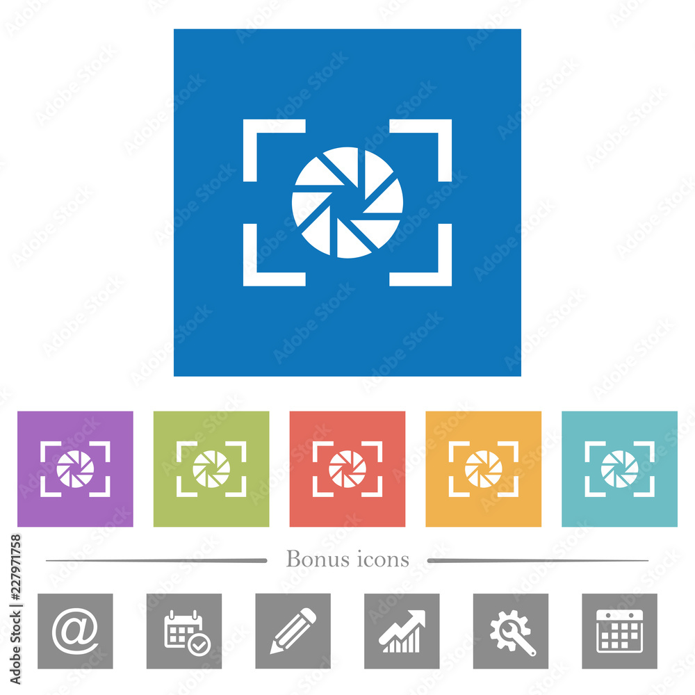 Camera aperture setting flat white icons in square backgrounds Camera aperture setting flat white icons in square backgrounds