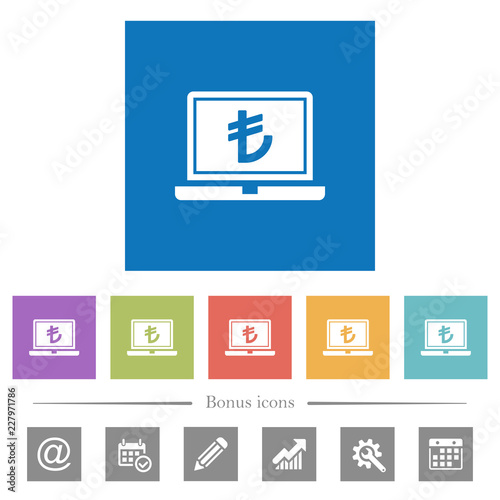 Laptop with Lira sign flat white icons in square backgrounds