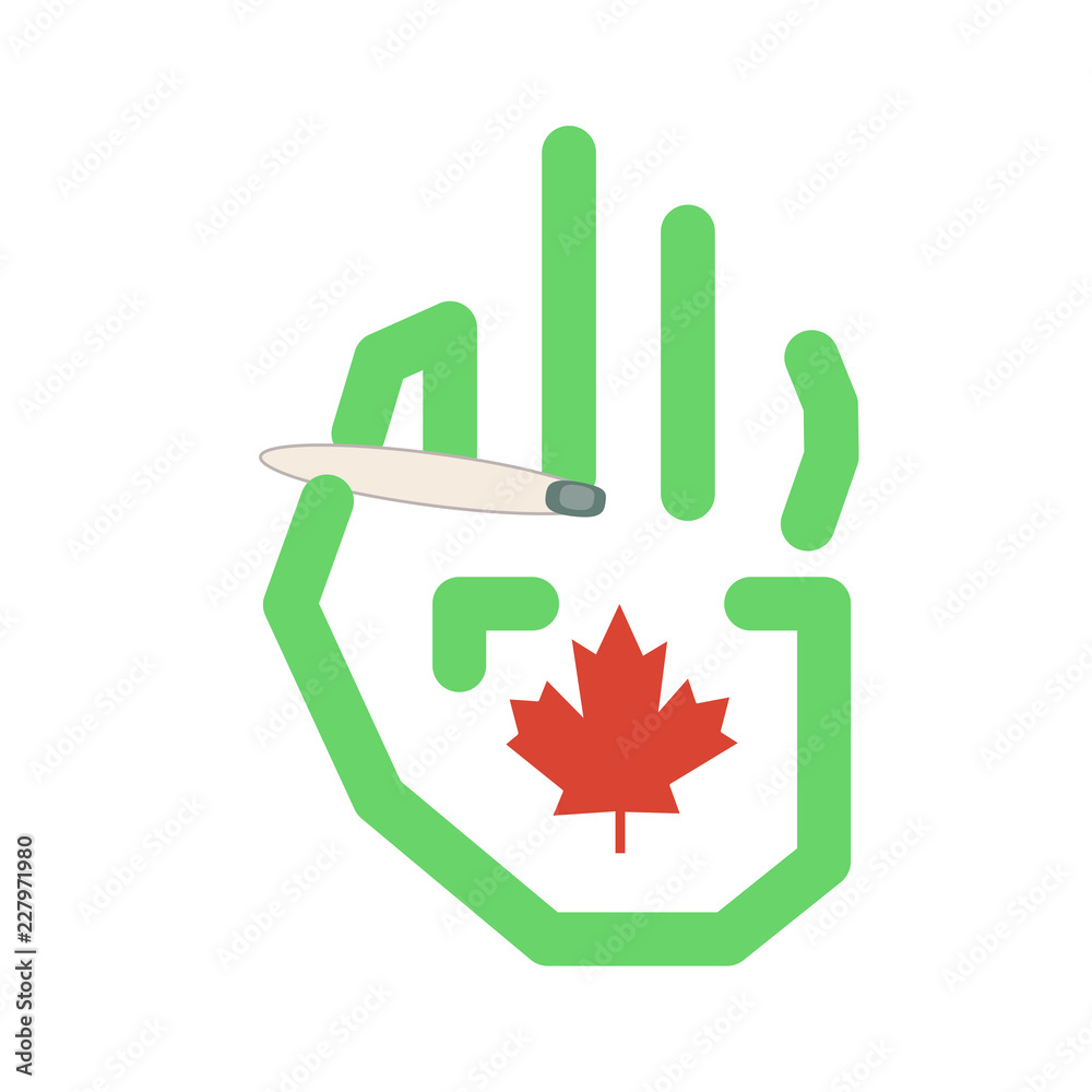 Fototapeta premium Graphic hand holds a marijuana joint with a maple leaf graphic on the palm of the hand. 