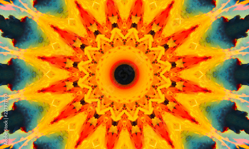 Colorful star-shaped mandala Art with many shades of orange placed in a geometric pattern.