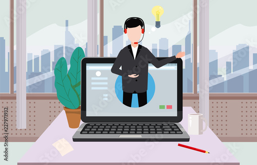 Concept online assistant, customer and operator, call centre, online global technical support 24-7. Vector illustration male hotline operator advises client, virtual help service.