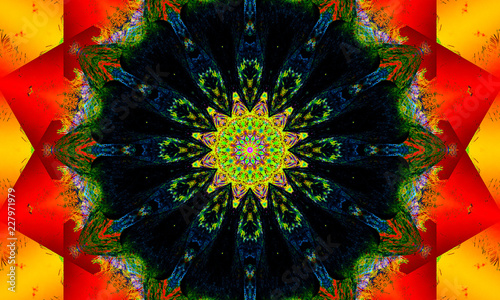 Colorful mandala Art with red and yellow shapes and geometric patterns.