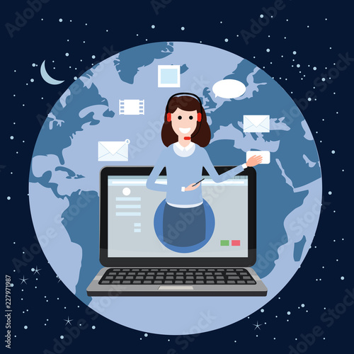 Concept online assistant, customer and operator, call centre, online global technical support 24-7. Earth background. Vector illustration female hotline operator advises client, virtual help service.