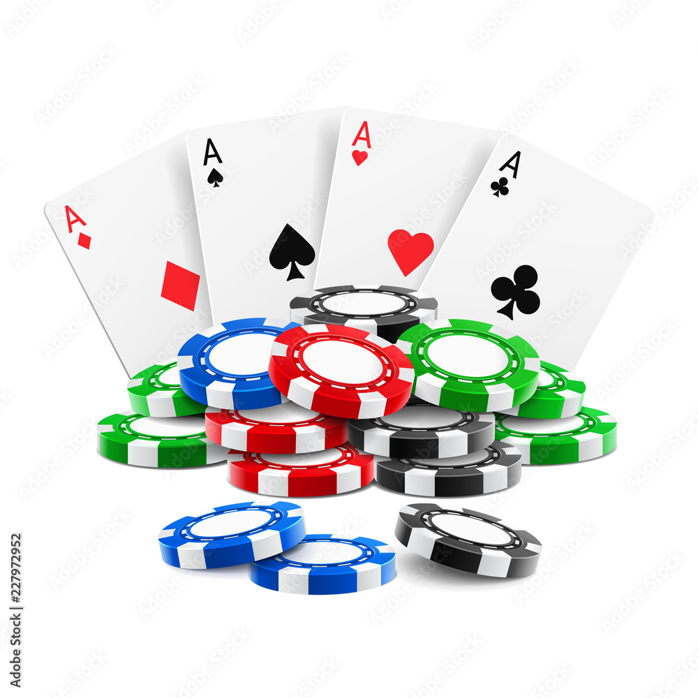 Obraz premium Playing cards near stack of casino 3d chips or aces of spades, diamond, hearts and clubs near realistic gambling tokens for sport poker, blackjack. Gamble and game, online casino theme