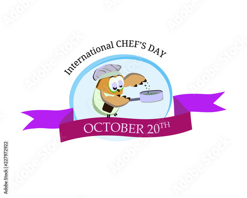 International chef day greeting card. Funny cartoon chef owl with hat on isolated background. Vector illustration