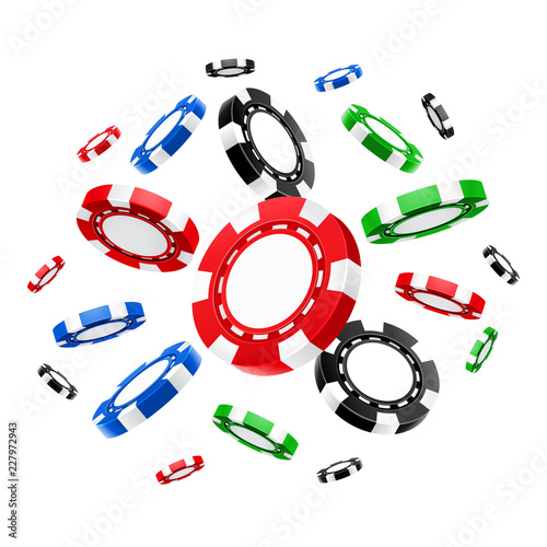 Realistic flying casino chips or 3d gambling cash for poker or blackjack, roulette. Blank plastic chip for money at betting club. Success and payment, gamble and play, winner and luck theme