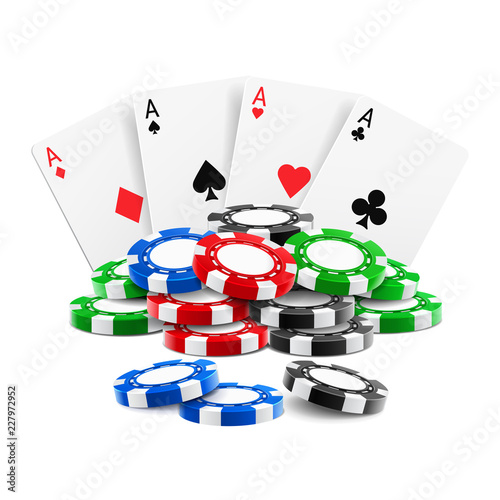 Playing cards near stack of casino 3d chips or aces of spades, diamond, hearts and clubs near realistic gambling tokens for sport poker, blackjack. Gamble and game, online casino theme