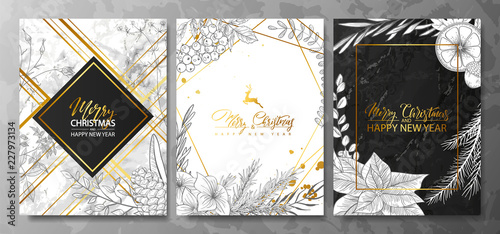 2019 Merry Christmas and Happy New Year Luxury cards collection with marble texture,Golden geometric shape and hand-drawn winter plants .Vector trendy background