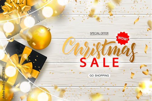 Christmas Sale poster with shiny gold Christmas balls, gift boxes, garland and serpentine on wooden background. Vector illustration. Design for invitation, banners, ads, coupons, promotional material.