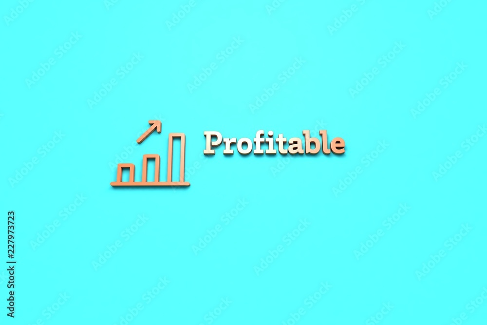 3D illustration of Profitable, orange color and orange text with blue background.