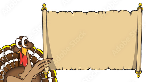 Cartoon thanksgiving turkey holding up sign