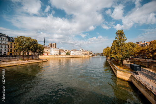 Landscape view on the river with Notres-Dame cathedral in Paris, France