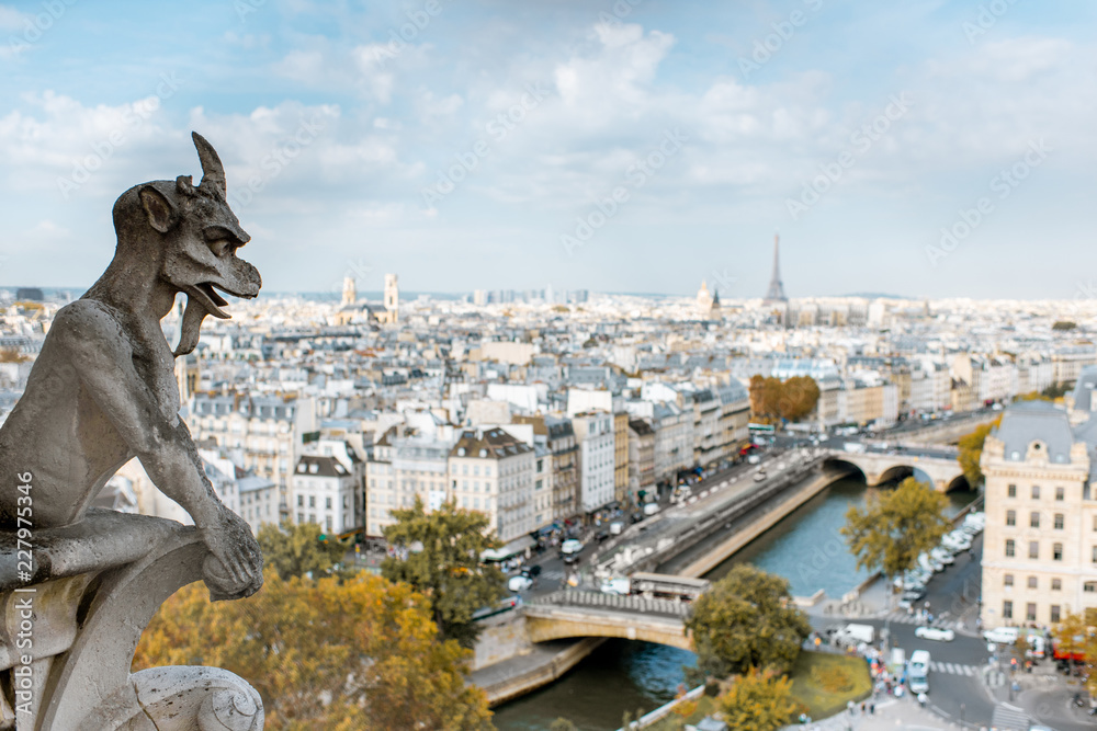 Aerial panoramic view of Paris with gargoyle sculpture on the Notre-Dame cathedral during the morning light in France