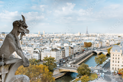 Aerial panoramic view of Paris with gargoyle sculpture on the Notre-Dame cathedral during the morning light in France © rh2010