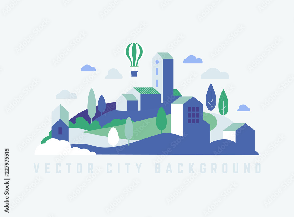 Eco City landscape with buildings, hills and trees. Landscape with air balloon.