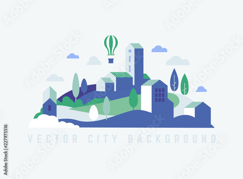 Eco City landscape with buildings, hills and trees. Landscape with air balloon.