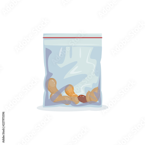 Plastic zip package for food storage. Healthy snack nuts in a closed package. Vector Food Storage Icon.