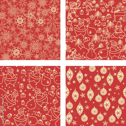 Set of Christmas seamless pattern for greeting cards, wrapping papers. Hand drawn Vector illustration
