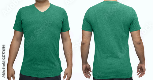 Green blank v-neck t-shirt on human body for graphic design mock up photo