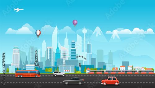 Landscape with buildings, mountains and vehicles. City life illustration