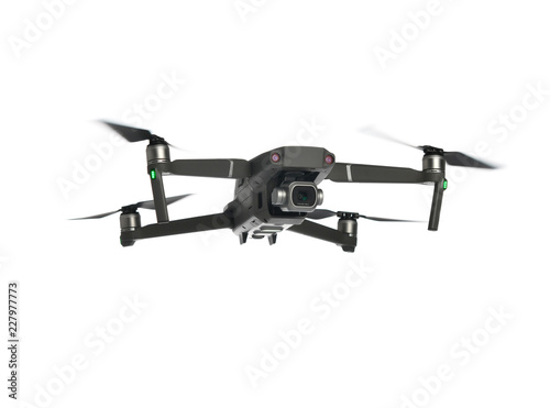 New dark grey drone quadcopter with digital camera and sensors flying isolated on white