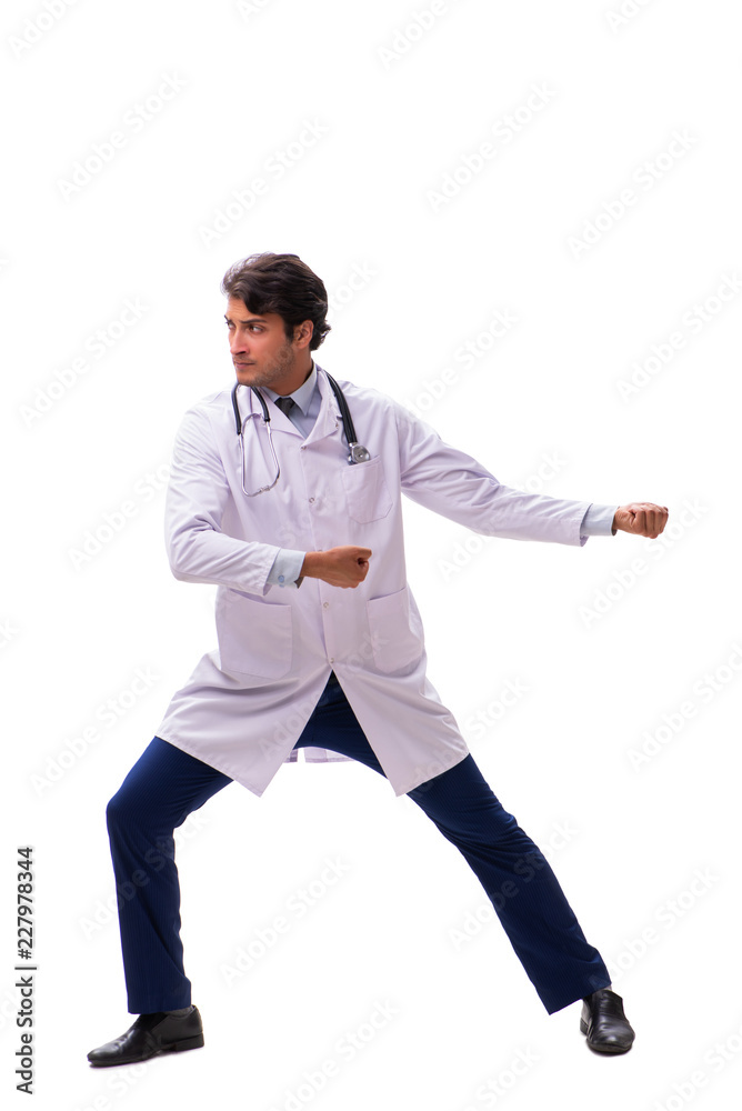 Young handsome doctor under pressure isolated on white Young handsome doctor under pressure isolated on white