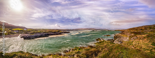 Panoramic view to the bay in Noth Allihies, western tip of the Beara Peninsula. County Cork, Ireland.